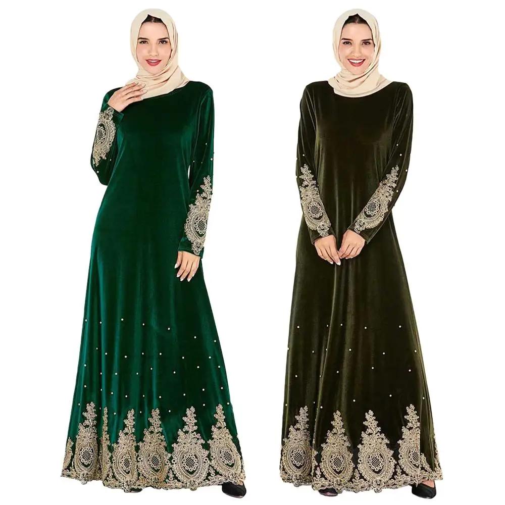 Мусульманское платье с вышивкой и аппликацией женское теплое бархатное длинное