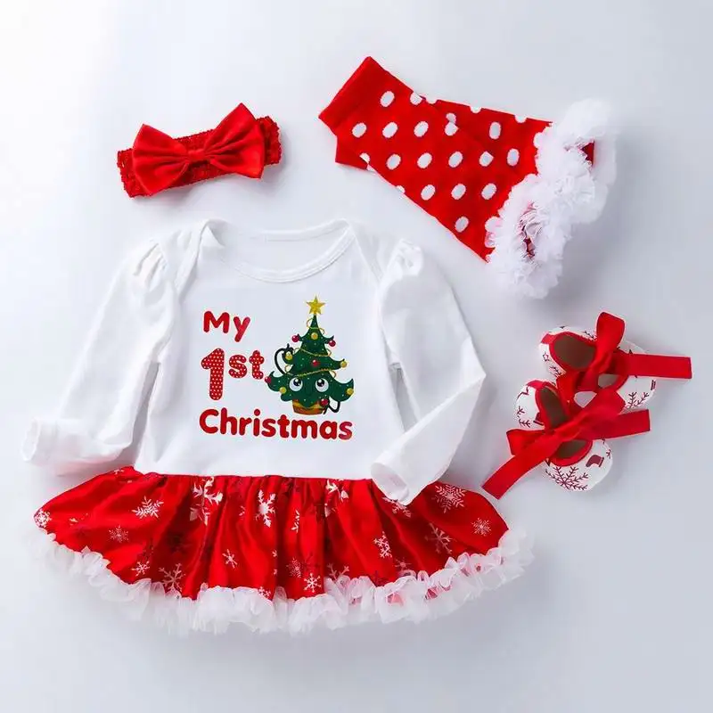 

New Baby Girl Christmas Romper Dress Stockings Set Cotton 1st Birthday Clothes Dress Bodysuit+Shoes+Socks+Headband Clothing