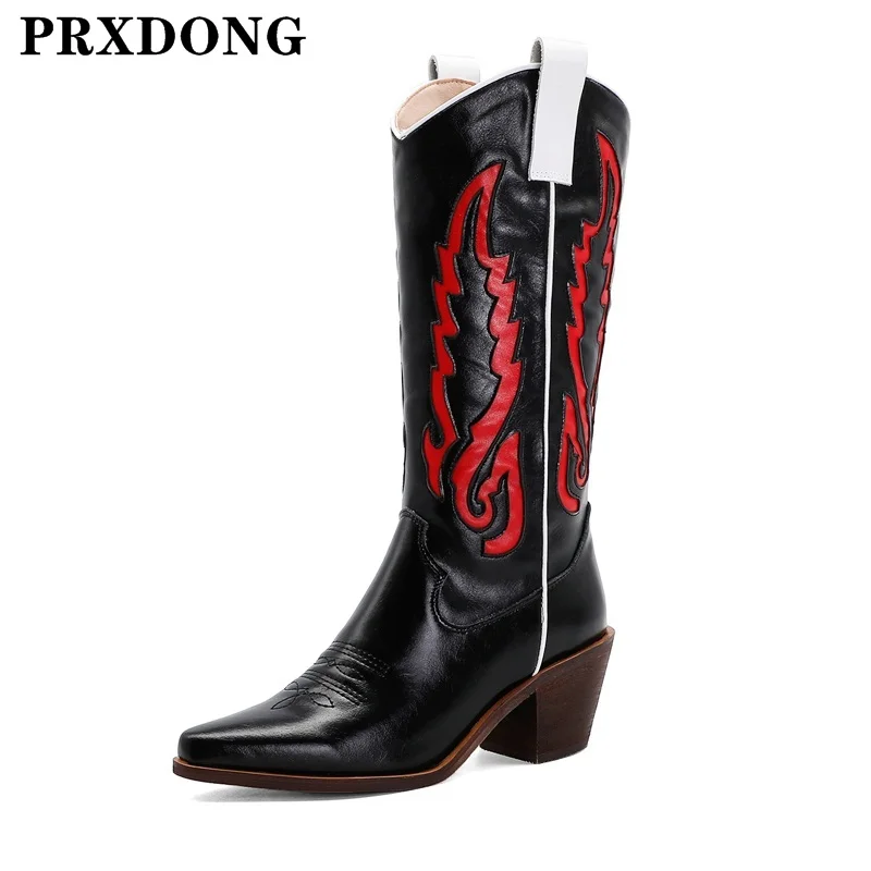 

Women Boots New Brand Genuine Leather Thick High Heels Black White Dress Party Shoes Woman Autumn Winter Warm Knee High Boots 42