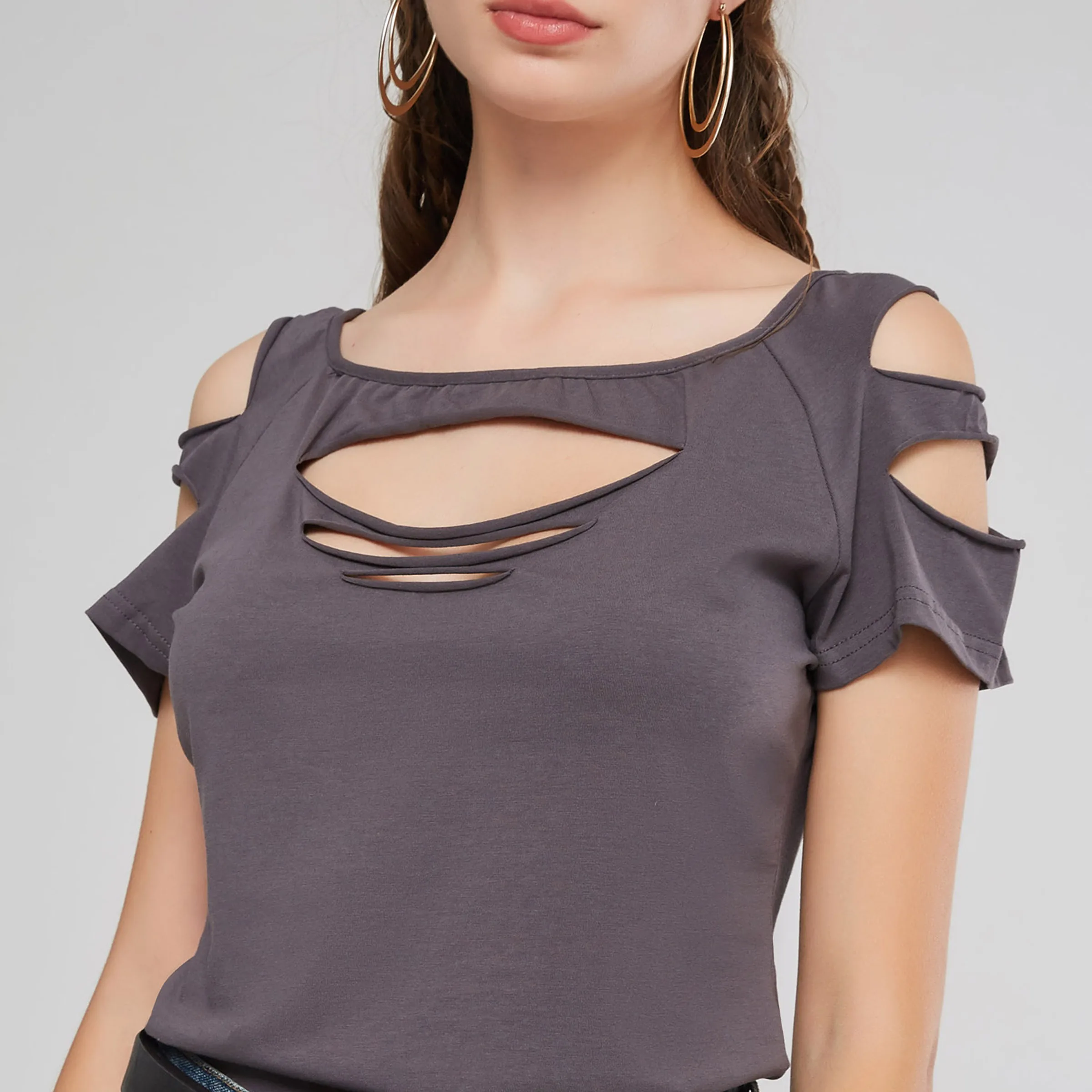 Rosetic Ripped футболка Летняя 2020 Сексуальная женская с открытыми плечами коротким