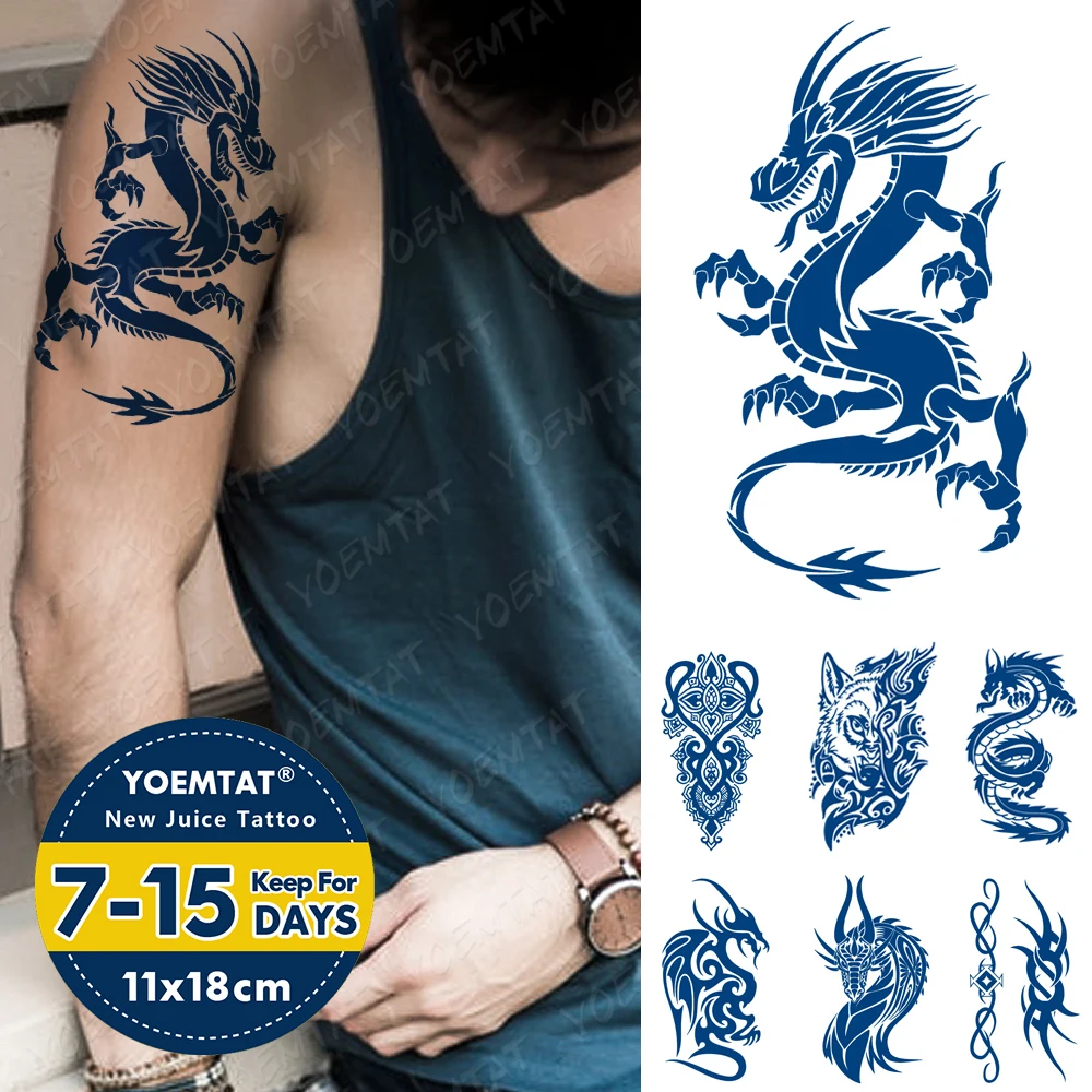 

Juice Lasting Waterproof Temporary Tattoo Sticker Dragon Totem Wolf Tribal Flash Tattoos Men Natural Ink Arm Body Art Fake Tatto