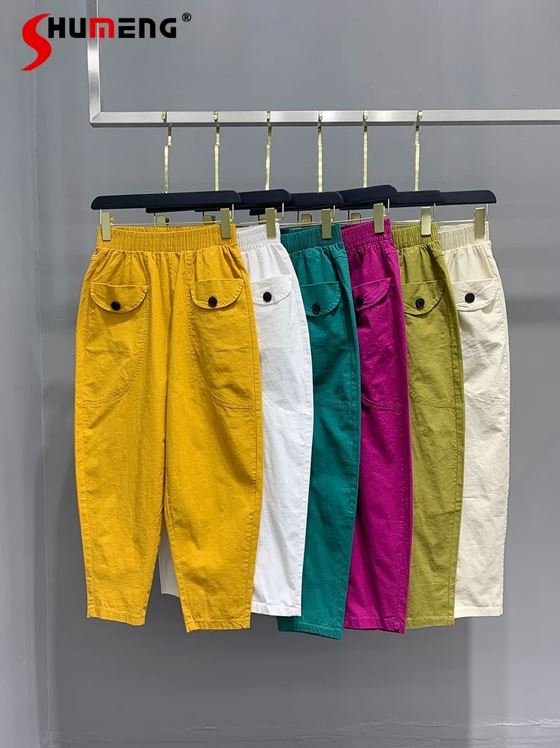 

2021 New Spring and Summer Thin Cotton and Linen Loose Slimming and All-Matching Casual Button Harem Cropped Pants Women's Pants
