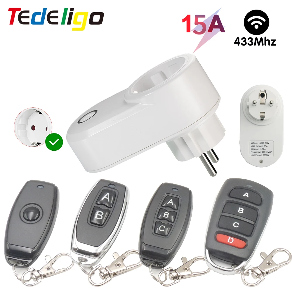 

Smart Home EU 220V Wireless Outlet Switch 433MHz With Remote Control Electrical Socket 15A Programmable Plug Transmitter For LED