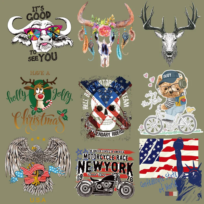 

Small size animal clothing Iron On patches decorated on a T-shirt skull and American flag heat transfer badge