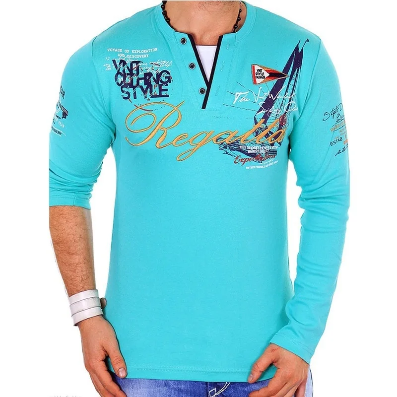 Рубашка-поло мужская с длинным рукавом V-образным вырезом | Мужская одежда