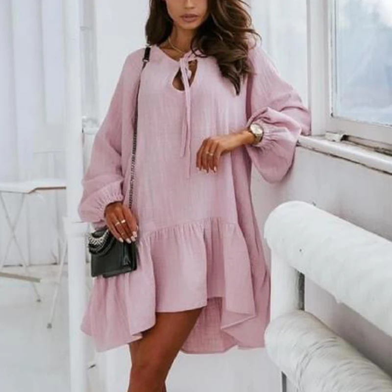 

Women Elegant V Neck Lace-up Party Dress 2021 Spring Long Sleeve Ruffle A-Line Dress Summer Solid Casual Beach Dresses Vestidos
