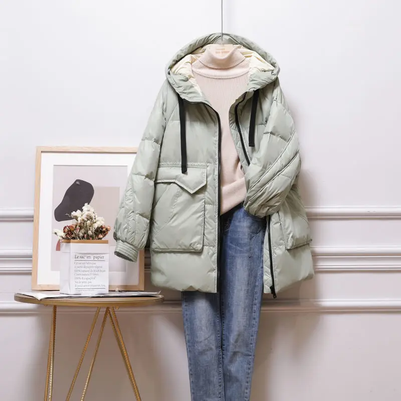 

Winter 2021 Middle Long Hooded Winter Down Coat Women Oversize Jacket Thick Warm Cotton Padded Wadded Parkas Long Sleeves Y69