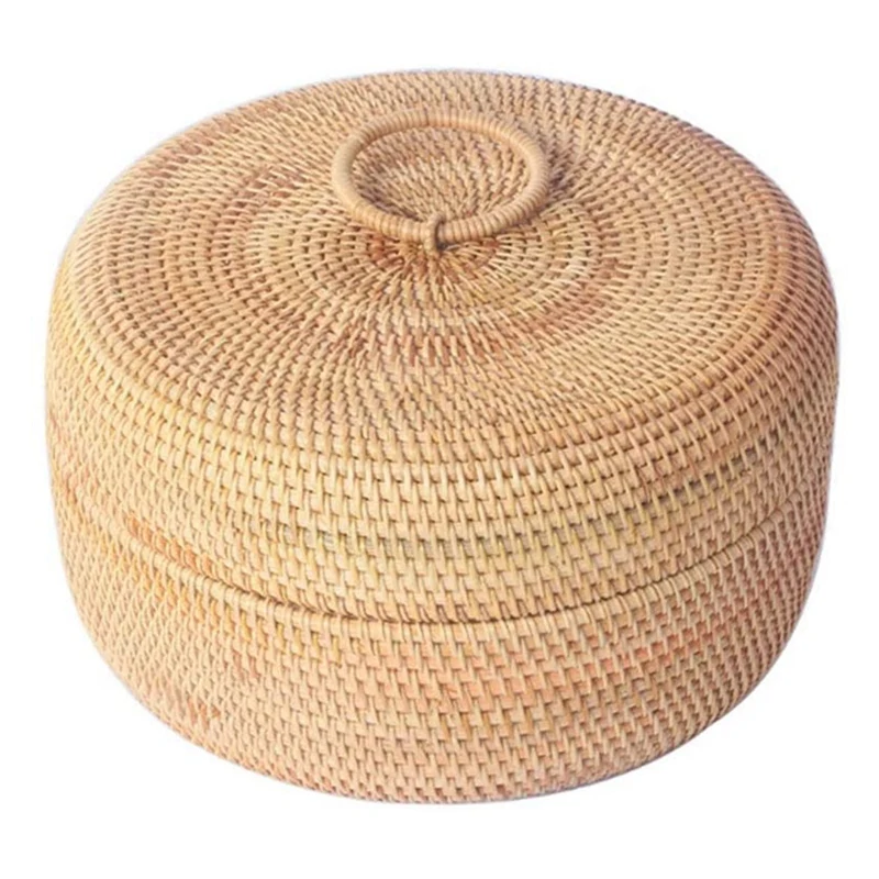 

Round Fruit Basket,Handmade Rattan Food Storage Bowl Kitchen Organizer Snack Serving Bowl with Lid,for Storing Candy,Etc