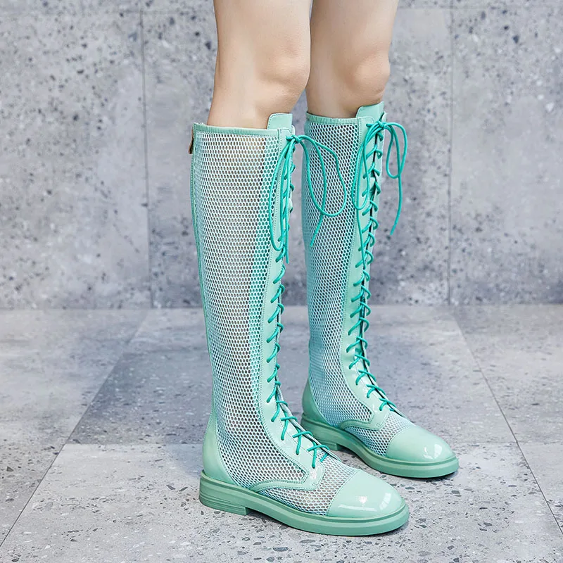 

Lace Up Butterfly Knot Summer Boots 2020 Spring Newest Brand Patent Leather Chunky Heels Pumps Wedding Party Shoes Woman