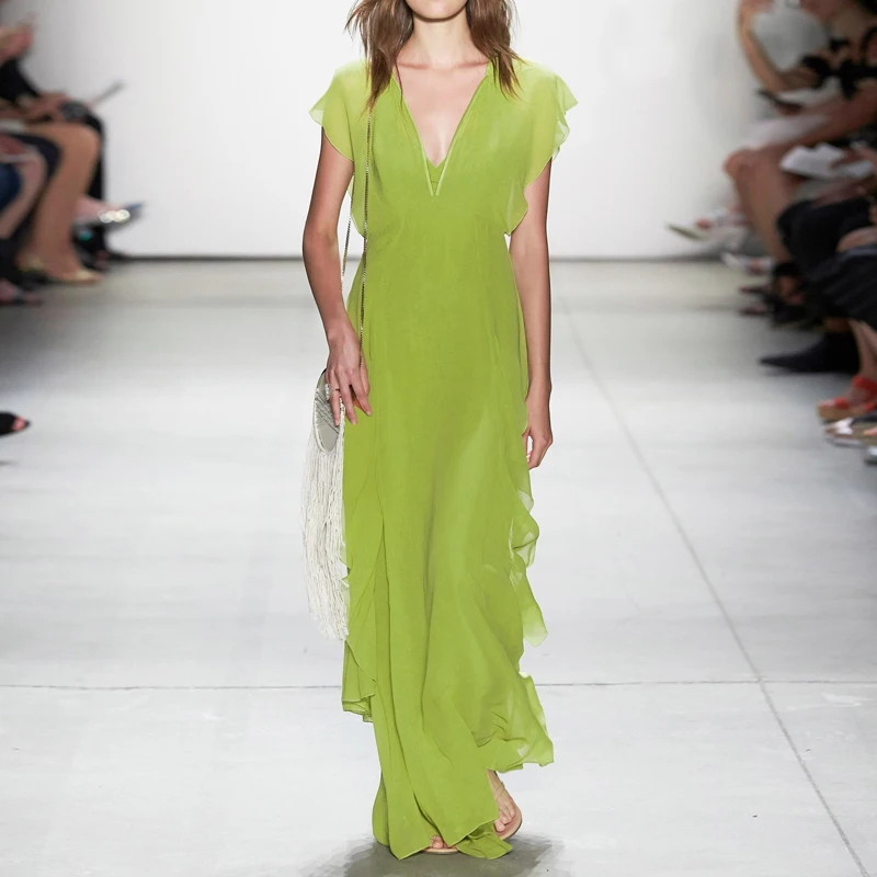 

Summer dress 2021 new super long ankle fashion V-neck green chic ruffled super fairy chiffon long dress woman