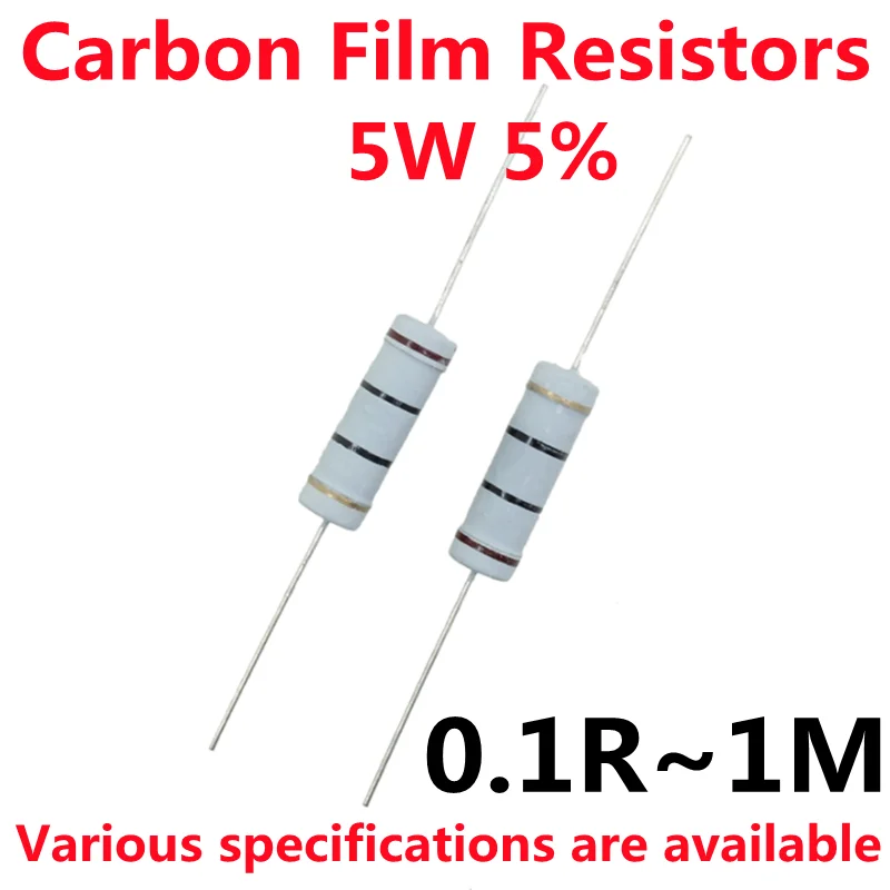

50PCS 5W Carbon Film Resistors 5% Ring Power Resistor 0.1R~10M 2R 3.3R 10R 22 36 47 68 100R 220 330 470 1K 2.2K 10K 22K 4K7 100K
