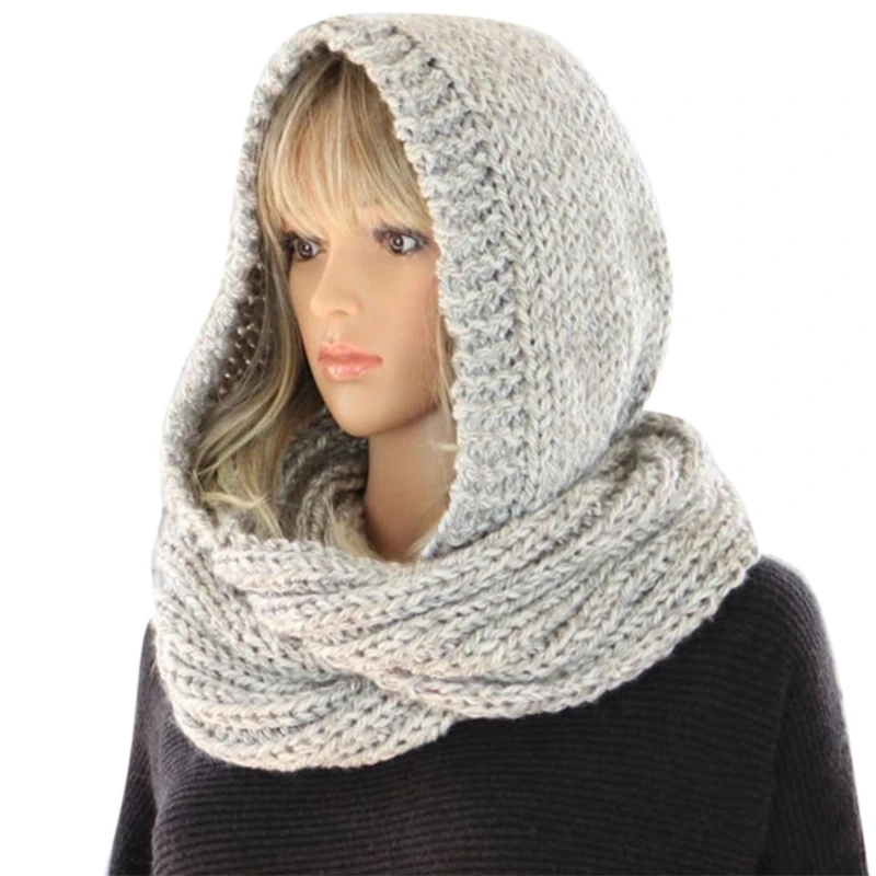

Women Winter Crochet Knit Hood Infinity Scarf Outdoor Windproof Warm Long Shawl Wrap Solid Color Earflap Hat Neck Warmer