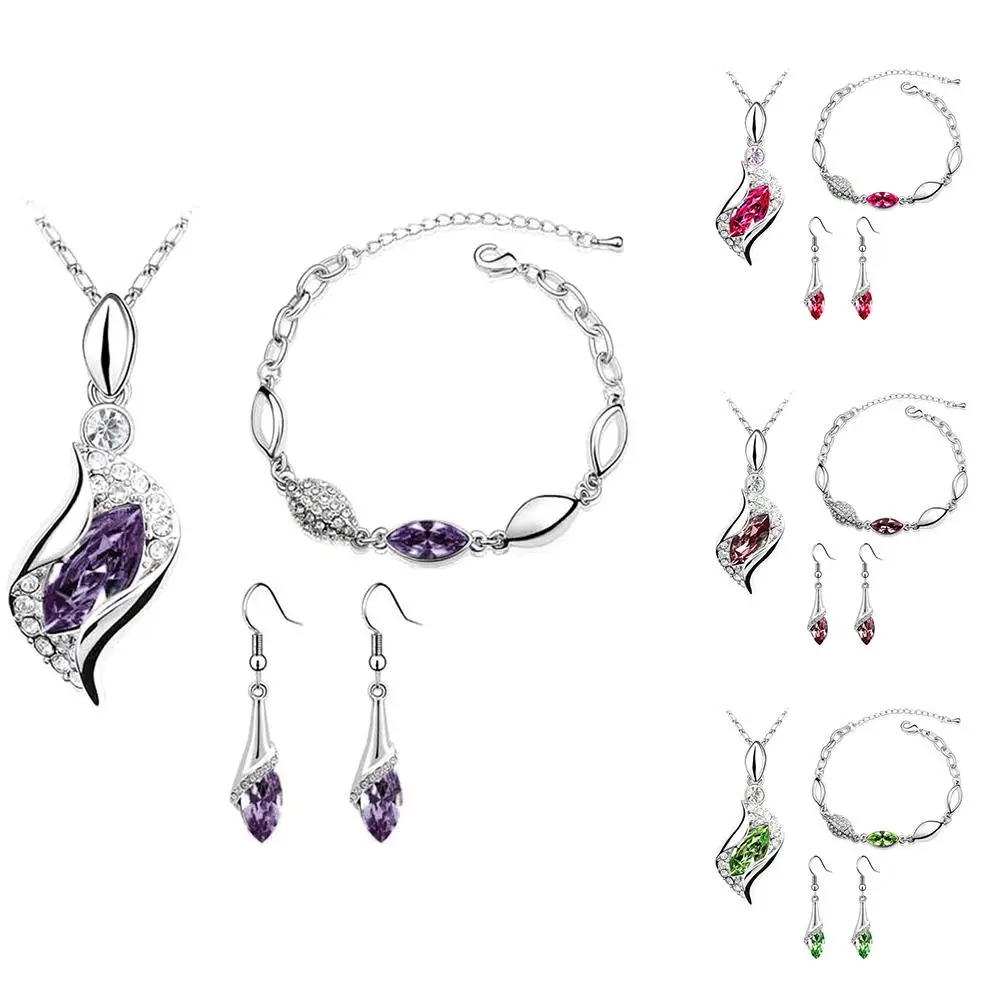 

Women Rhinestone Geometric Pendant Necklace Bracelet Hook Earrings Jewelry Set hot