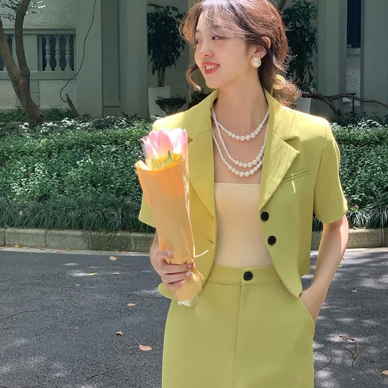 

2021 Elegant Vintage Two Piece Set Women Short Sleeve France Office Suits with Skirt Bodycon Party Summer Clothes Korean Ladies