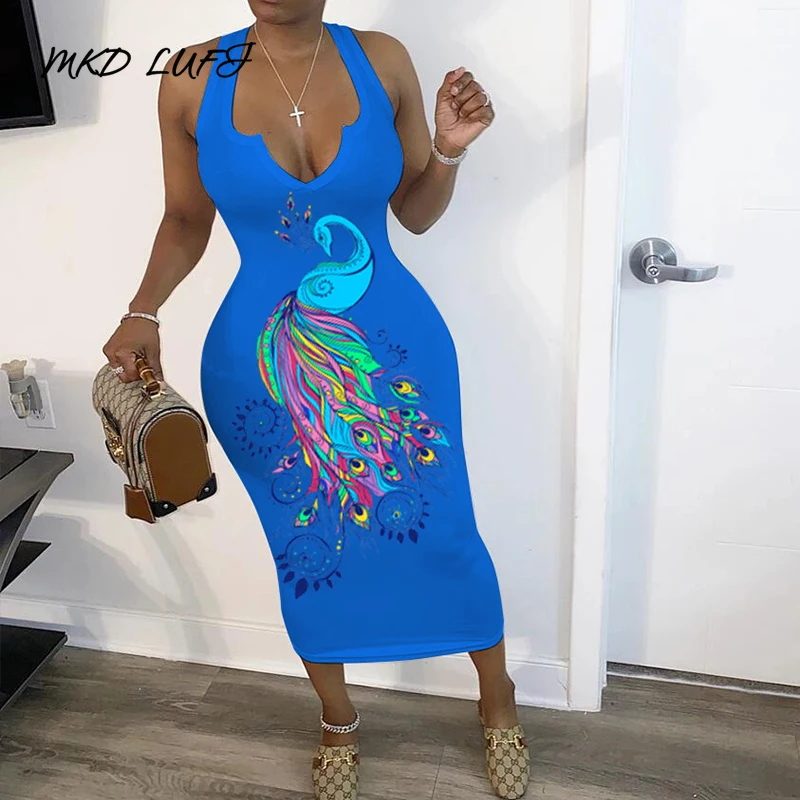 Женские облегающие платья без рукавов с принтом павлина пикантные обтягивающие