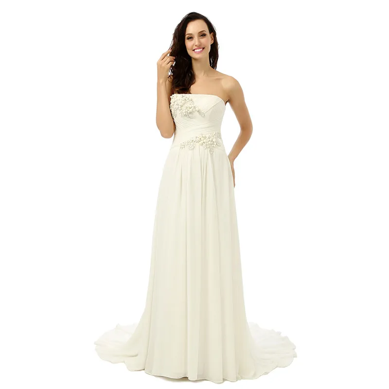 

New Arrival Fashionable Sexy Strapless Chiffon Wedding Gowns With Appliques Crystals Backless Bride Dress