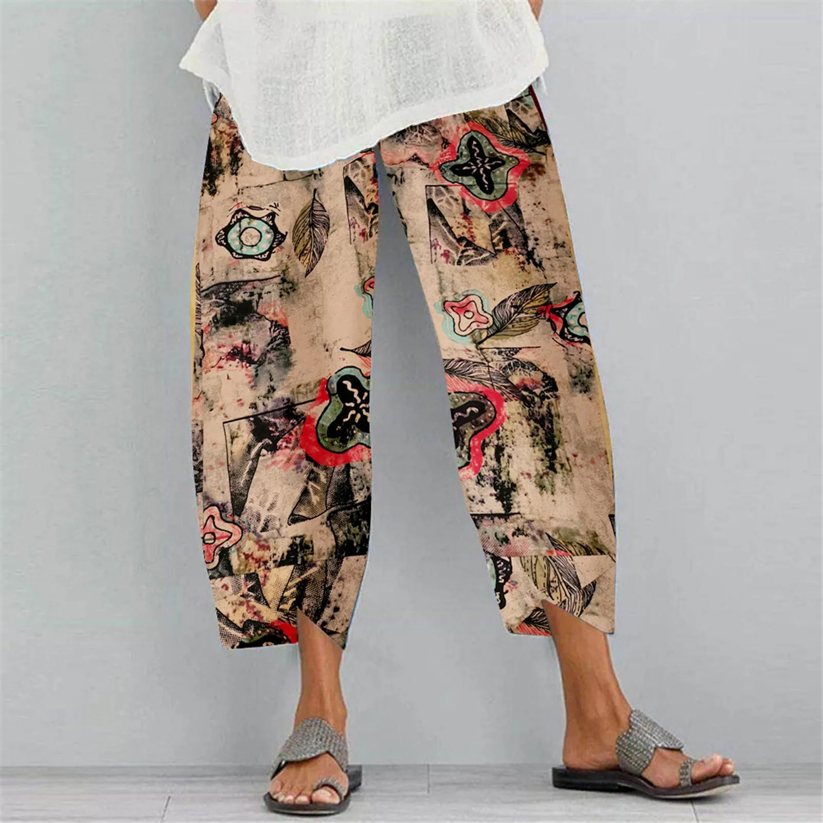 

2021 Summer Fashion Printed Cotton Linen Harem Pants For Women Casual High Waist Calf-Length Loose Trousers Female Streetwear