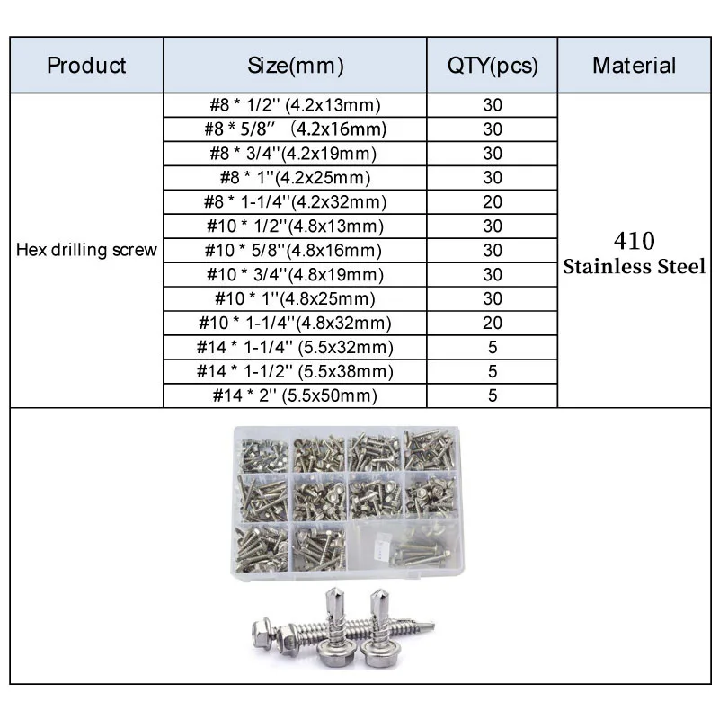 

295PCS #8 #10#14 External Hex Self Tapping Screw Thread Hexagon Self Drilling Screws Bolt Assortment Kit Set 410 Stainless Steel