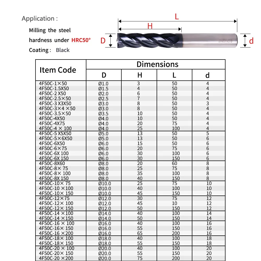 

EAST Milling Tools HRC50 4 Flute Alloy Carbide Tungsten Steel Milling Cutter End Mill Metal Cutter 4mm 6mm 8mm 10mm 12mm 20mm