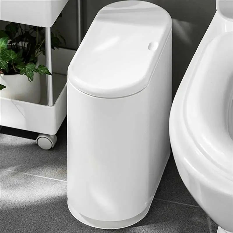 

Slim Plastic Trash Can 10L Garbage Can with Press Top Lid,White Modern Waste Basket for Bathroom,Living Room,Office and Kitchen