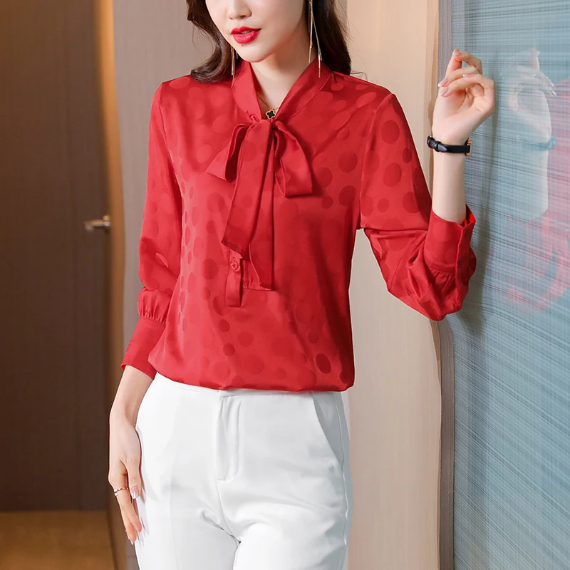 Блузка Женская атласная в горошек с бантом цвета шампанского