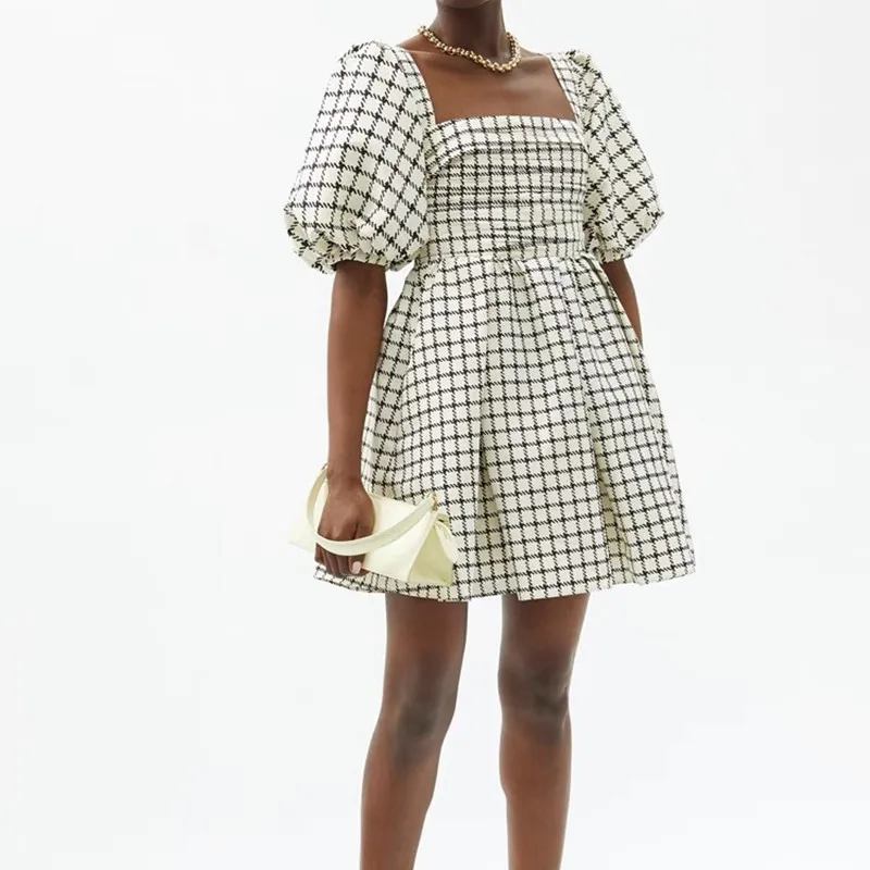 

Backless Plaid Mini Dress Women Puff Sleeve High Waist Square Collar Summer 2021 Female Robe