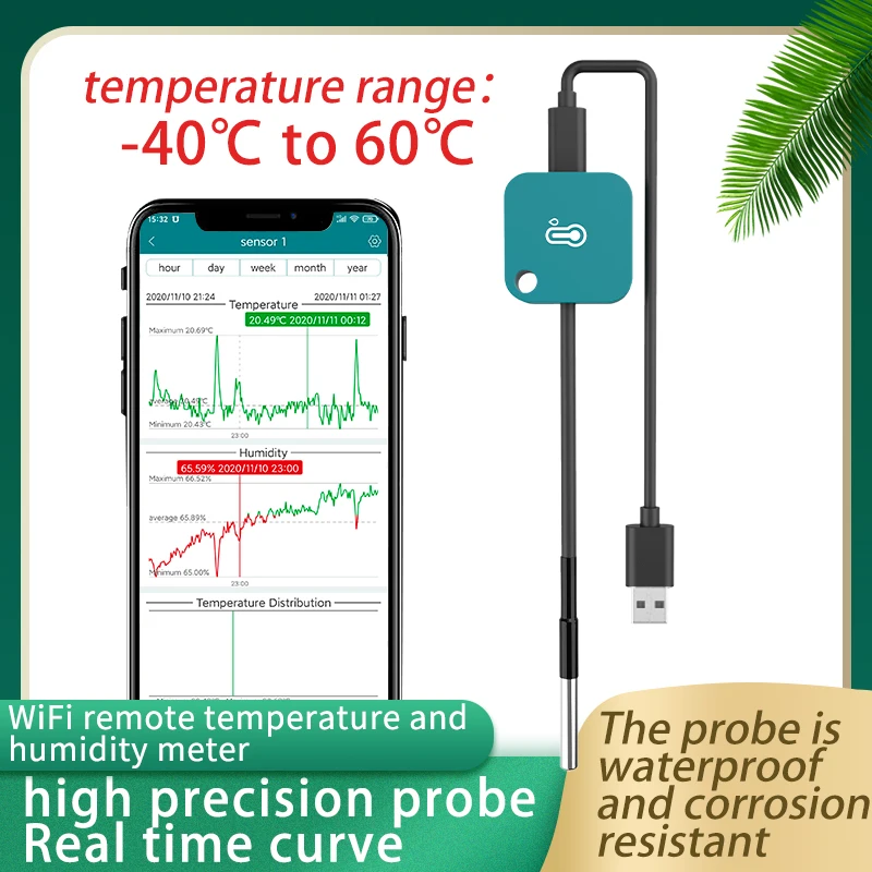 

Wifi Usb Temperature Senor Probe Power Monitoring Alarm Wifi Thermometer Hygrometer Data Logger Alerting Detector For App