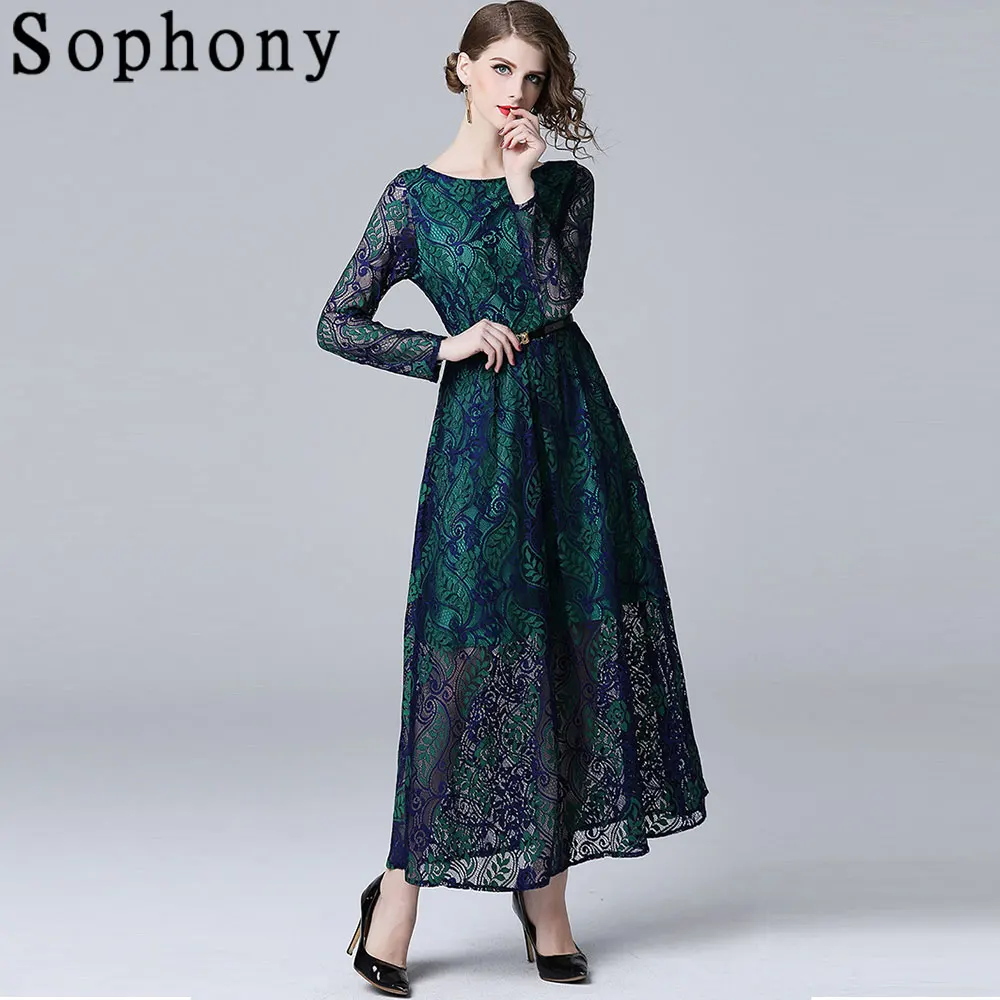 

Office Lady Woman Lace Hollow Out O Neck Long Sleeve Long Maxi Party Dress 2021 Runway Vintage Spring Autumn Robe Longue S56148