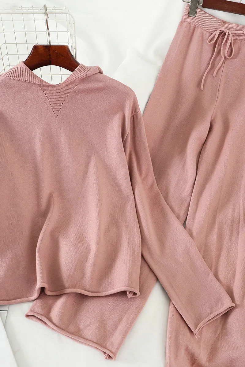 

Casual Women 2pcs Set Solid Green/Pink/Beige Hooded Loose Knit Sweatshirt And High Waist Pants Vintage Two Piece Set Autumn 2021