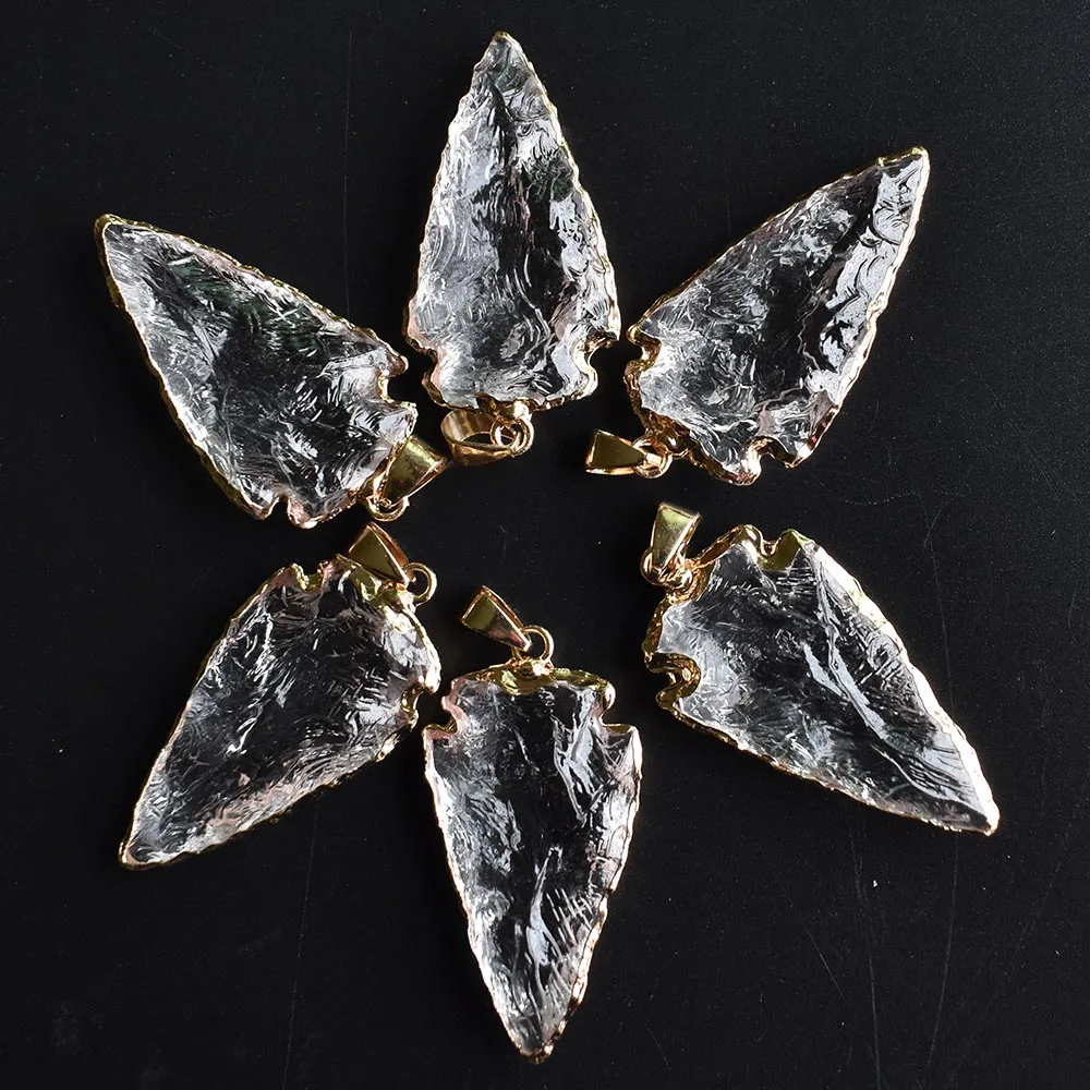 

Good Quality Natural white crystal Arrowhead Pendant Electroplated Gold Color Raw Stone for jewelry making 6pcs/lot Wholesale