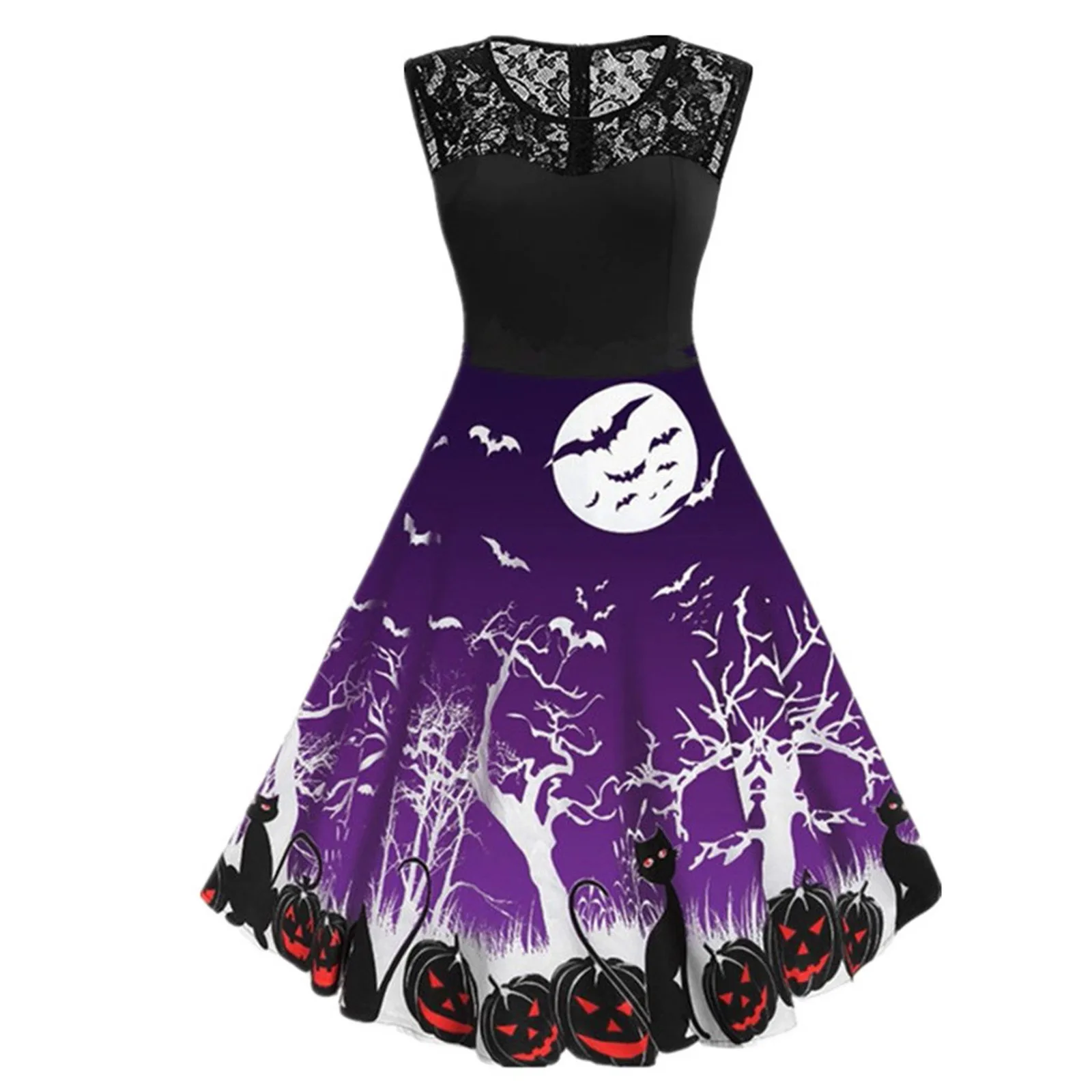 

Women'S Dress Hot Style Special Holiday Costume Sleeveless Round Neck Halloween Print Lace Stitching Dress