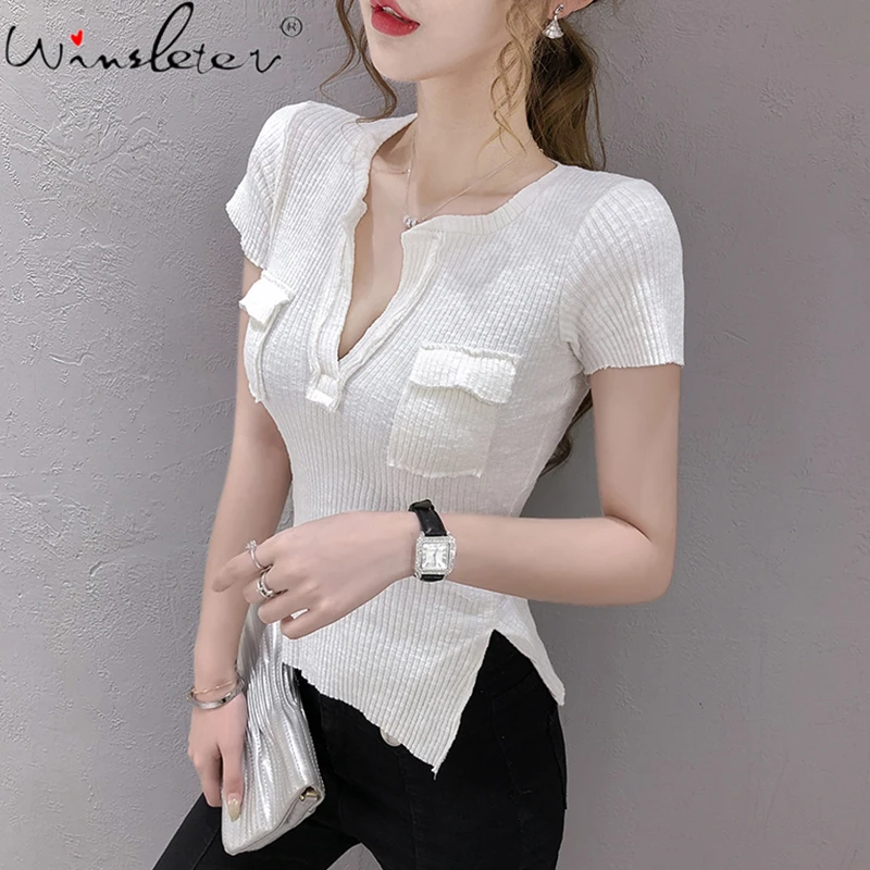 

Футболка женская трикотажная, с V-образным вырезом, летняя, однотонная, повседневная, T07511B, 2020