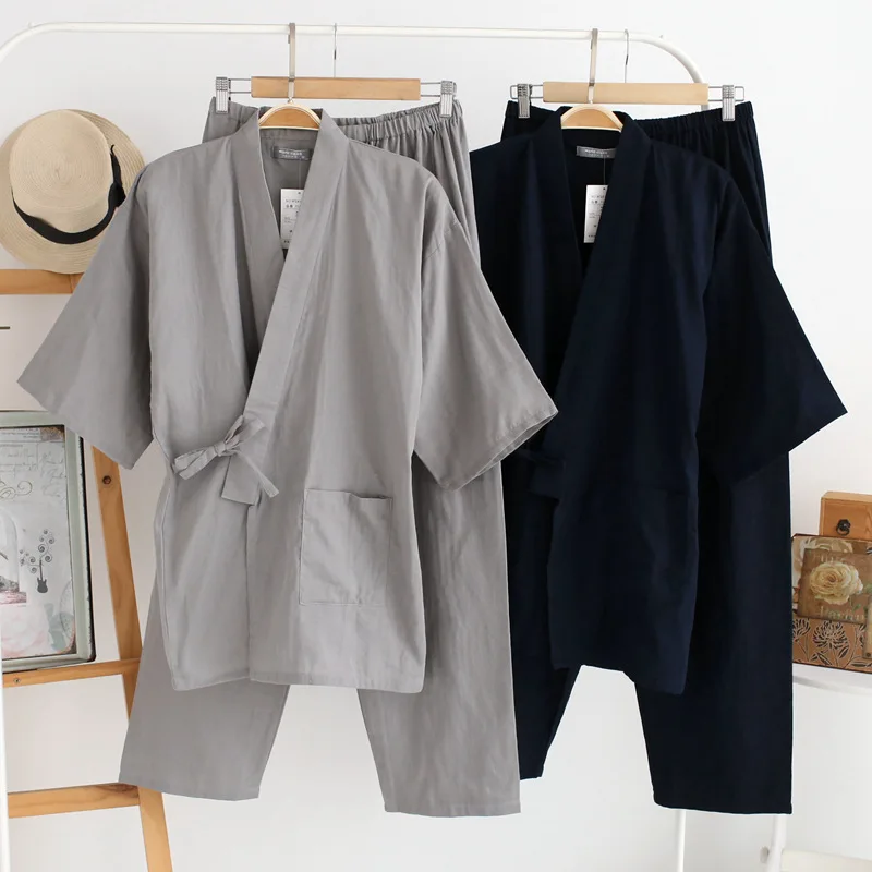 Cotton Kimono Sleepwear Man's home tops + Trouser Pajamas sets Male Bathrobe Comfortable Spring pijama hombre Home wear 2022