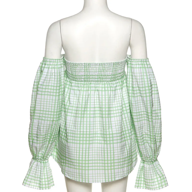 

French Style Vintage Blouses Green Plaid Flare Sleeve Off Shoulder Shirts for Women Sexy Long Sleeve Top