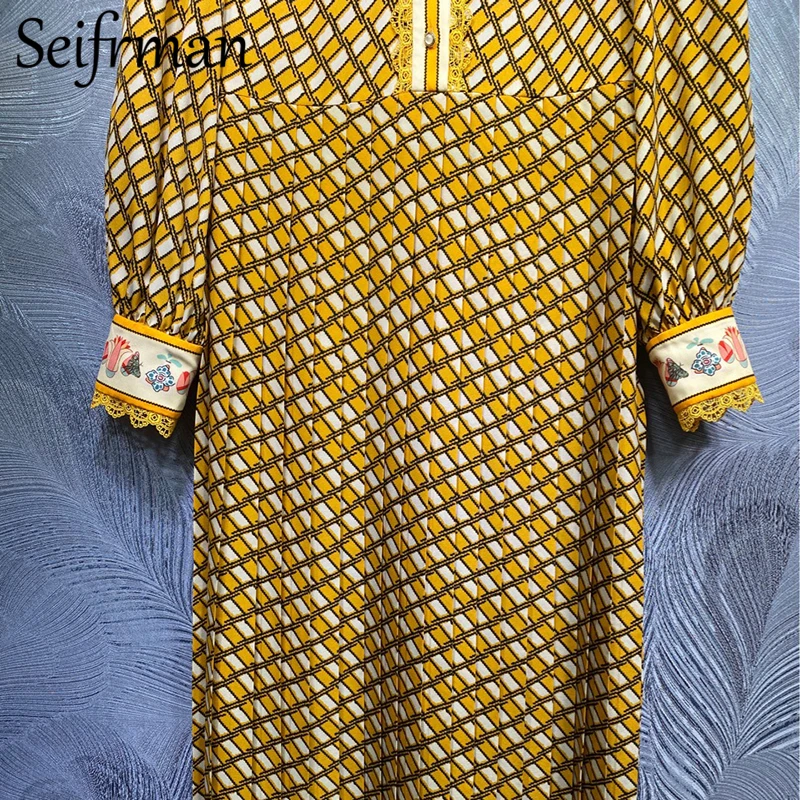 

Seifrmann Women Spring Fashion DesignerParty A-Line Dress Lantern Sleeve Striped Printed Elegant Ladies Slim Midi Dresses 2021