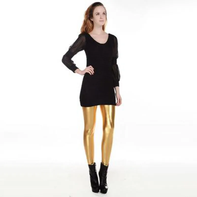 European and American Fashion Shiny Metal Tight Stretch Imitation Patent PU Leggings Bright Color Mid-rise Cropped Pants