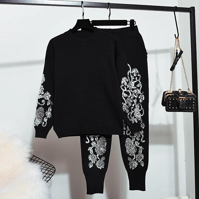 Женские трикотажные наборы 2019 Осень Зима Новая мода блесток цветок длинный рукав