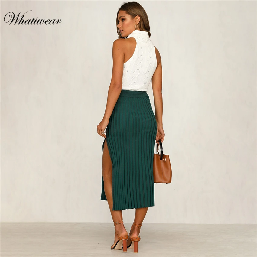 Whatiwear, одноцветная сексуальная юбка с разрезом, осенняя уличная мода, высокая талия, Повседневная Женская юбка, Офисная Женская юбка миди
