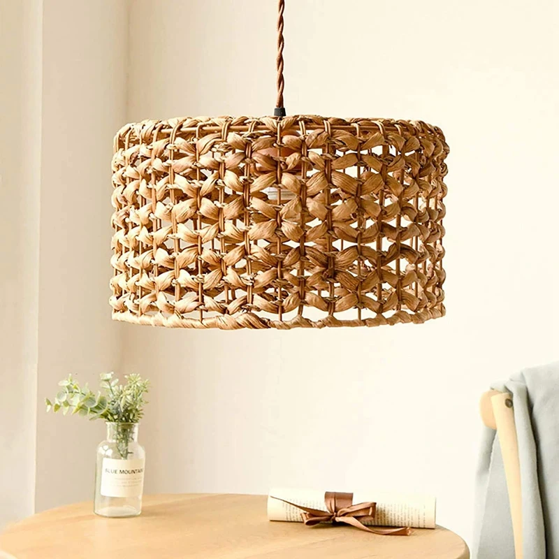 

Rattan Pendant Light Vintage Weaving Chandelier Round Lampshade Retro Rattan Light Height Adjustable Hanging Light E27