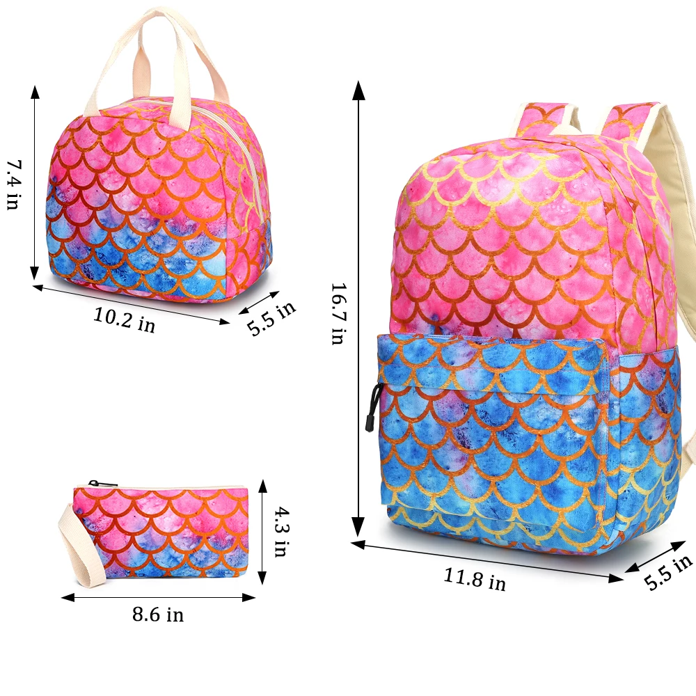 3pcs Set Ladies Fashion Canvas Backpack Mermaid Lovely Elementary School Bag Children's Lunch Bag Pencil Bag Girl Backpack