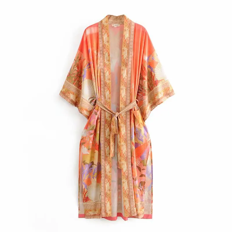 

Fitshinling Mermaid Print Beach Kimono Holiday Bohemian Slim Pockets Cover-Up Swimwear Oversized Split Sexy Long Sleeve Cardigan