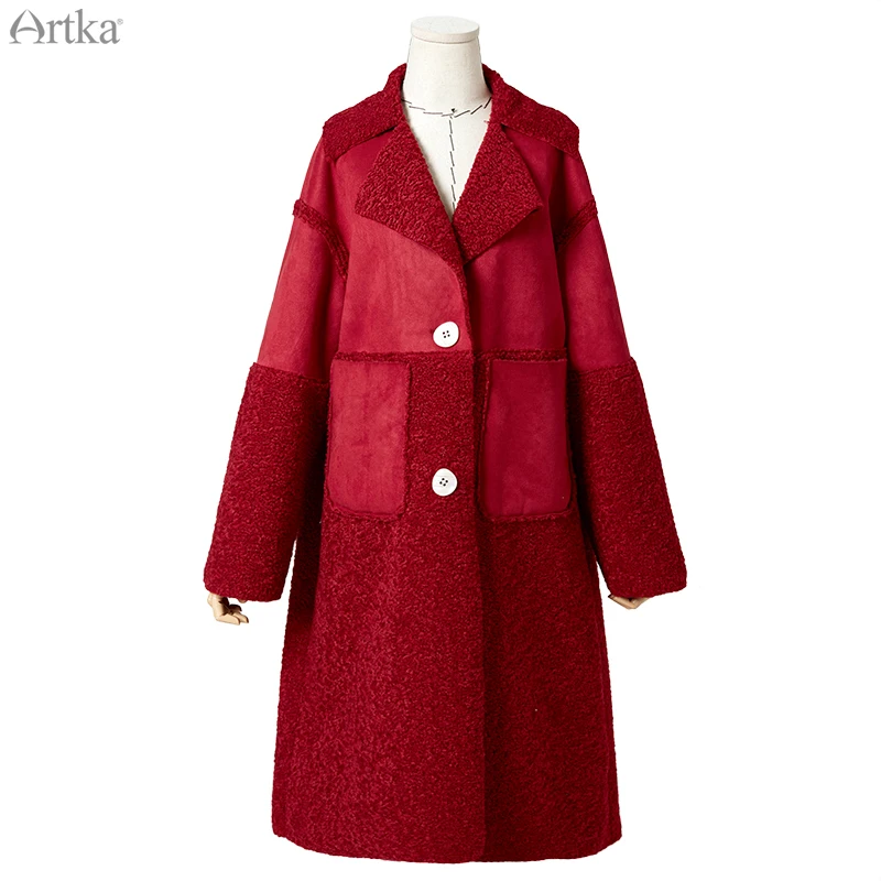 ARTKA, зимнее Новое Женское пальто, винтажное, красное, имитация норки, овечья шерсть, комбинированное, плотное пальто, однобортное, теплое, длинное, верхняя одежда, WA15099D