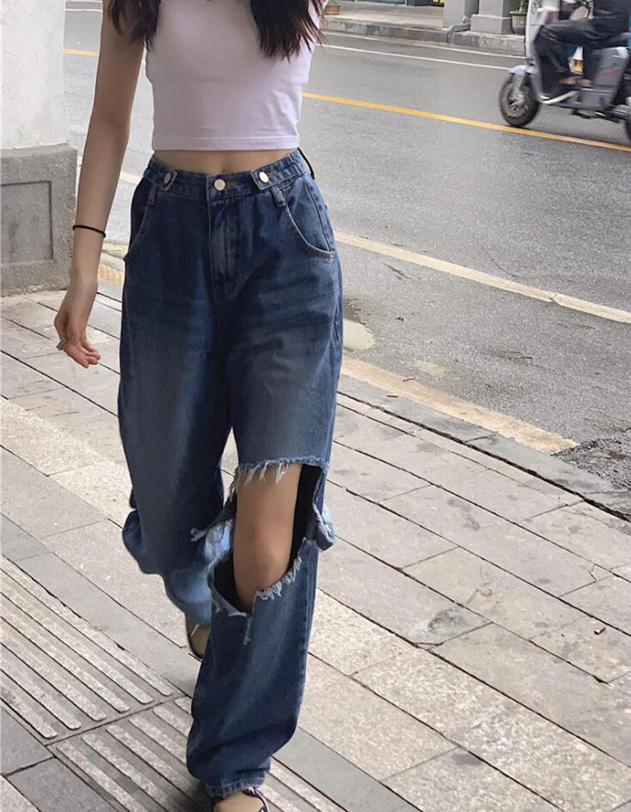 

Summer Women's High waist ripped drape jeans Ladies Casual Frayed Loose Plus size straight wide-leg pants Blue