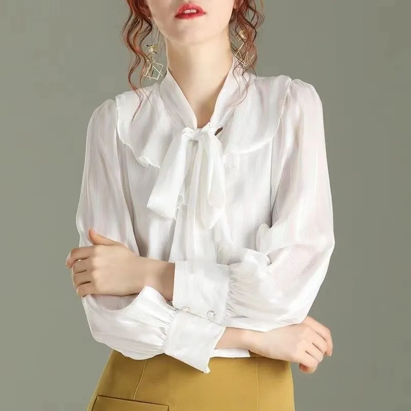 

European Bow Design Elegant Chiffon Shirt Bubble Lantern Long Sleeve Top Women's Loose White Lightweight Lace Blouses OL Clothes
