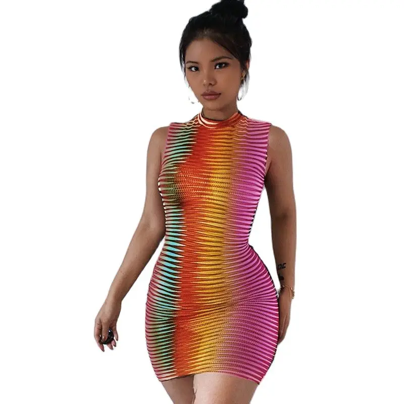 

Women Summer Sleeveless See Through Bodycon Striped Mini Dress Sundress 2021 Female Clothing Streetwear Wholesale Items