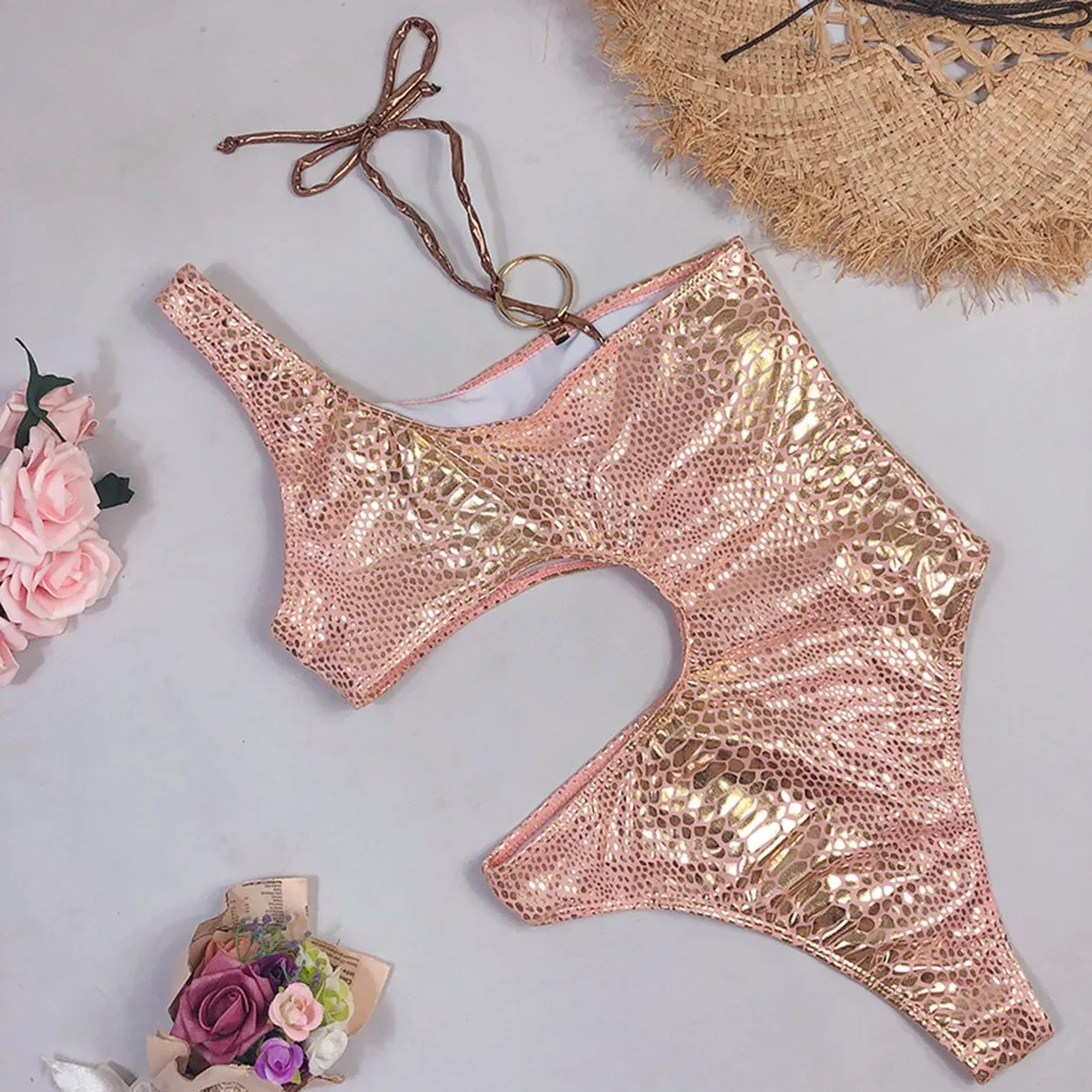 

2021 Sexy Swimsuit One Shoulder Swimwear Women's Monokini Snake Skin Print Swimsuit Thong Bodysuit Bathing Suit Solid Swim Wear