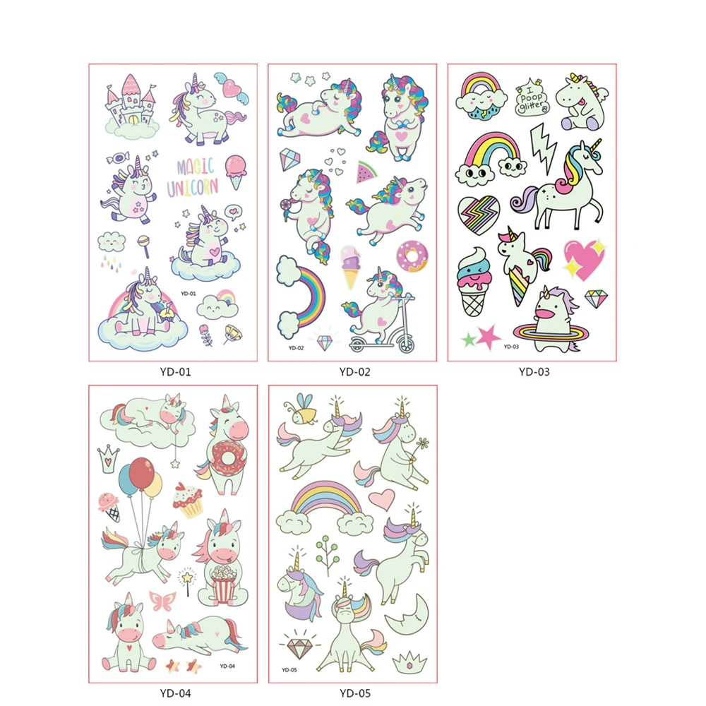 5pcs/set Summer New Style Tattoo Stickers Luminous Unicorn Sticker Waterproof Sweatproof Tattoo Temporary Tattoos Child Tattoo
