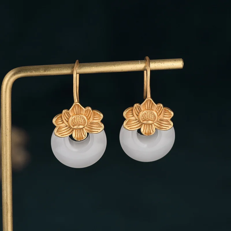 

Elegant White Stone Lotus Flower Earrings for Women Ethnic Statement Pendant Earrings Palace 2022 Trend Jewelry Friends Gift M4
