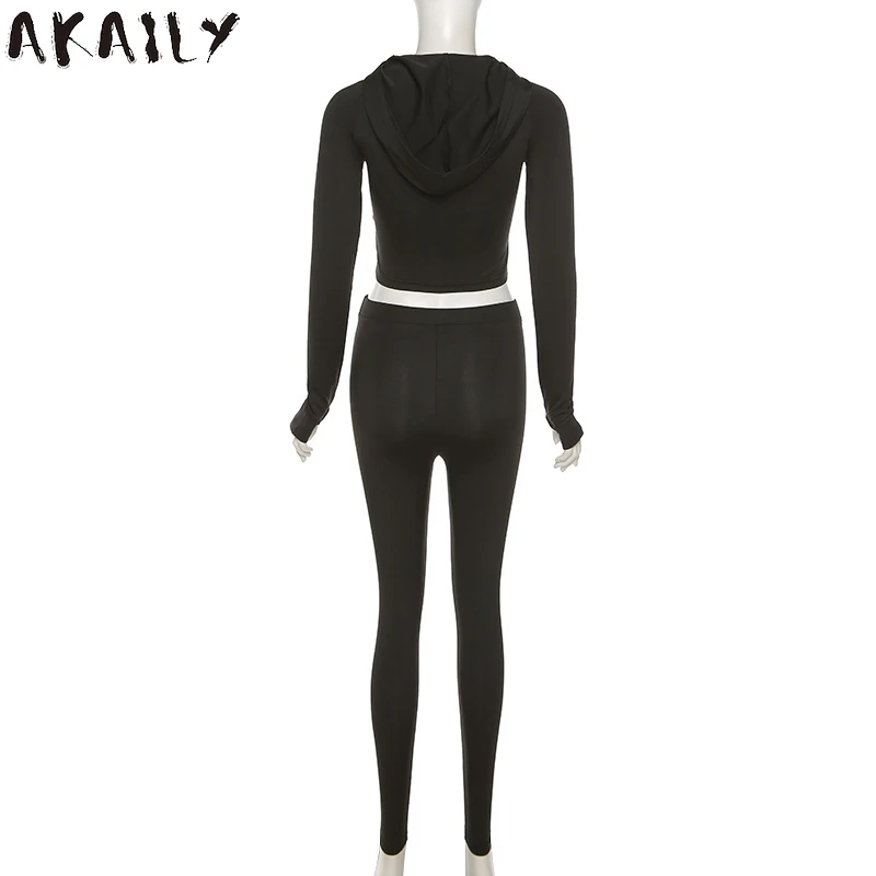 

Akaily Summer Solid 2 Two Piece Sets Tracksuit Womens Outfits 2021 Black V Neck Zipper Hoodies Skinny Long Pant Suits Female