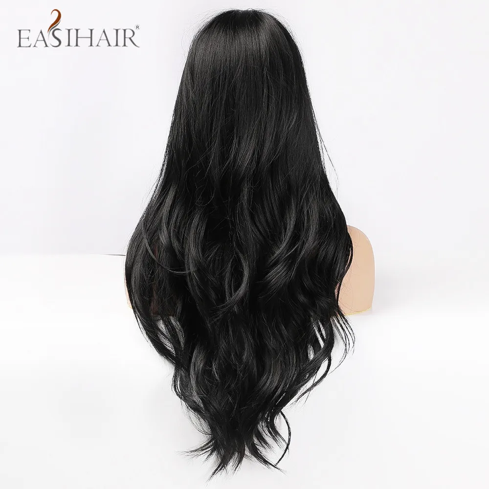 EASIHAIR Long Black Body Wave Synthetic Wigs with Full Bangs - Ideal for Cosplay, White/Black Women - Brazilian American Natural Hair image 4